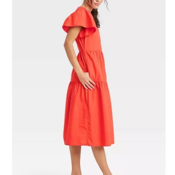 NWT WHO WHAT WEAR Dress Tiered Orange Flutter Short Sleeve A-line Midi Dress M - Picture 2 of 15